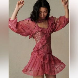 NWT LoveShackFancy Pink and Gold Ruffle Angora Mini Dress